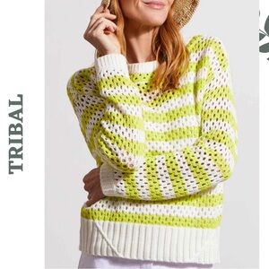 Tribal Crochet Striped Cotton Sweater Lime White Size XL Extra Large